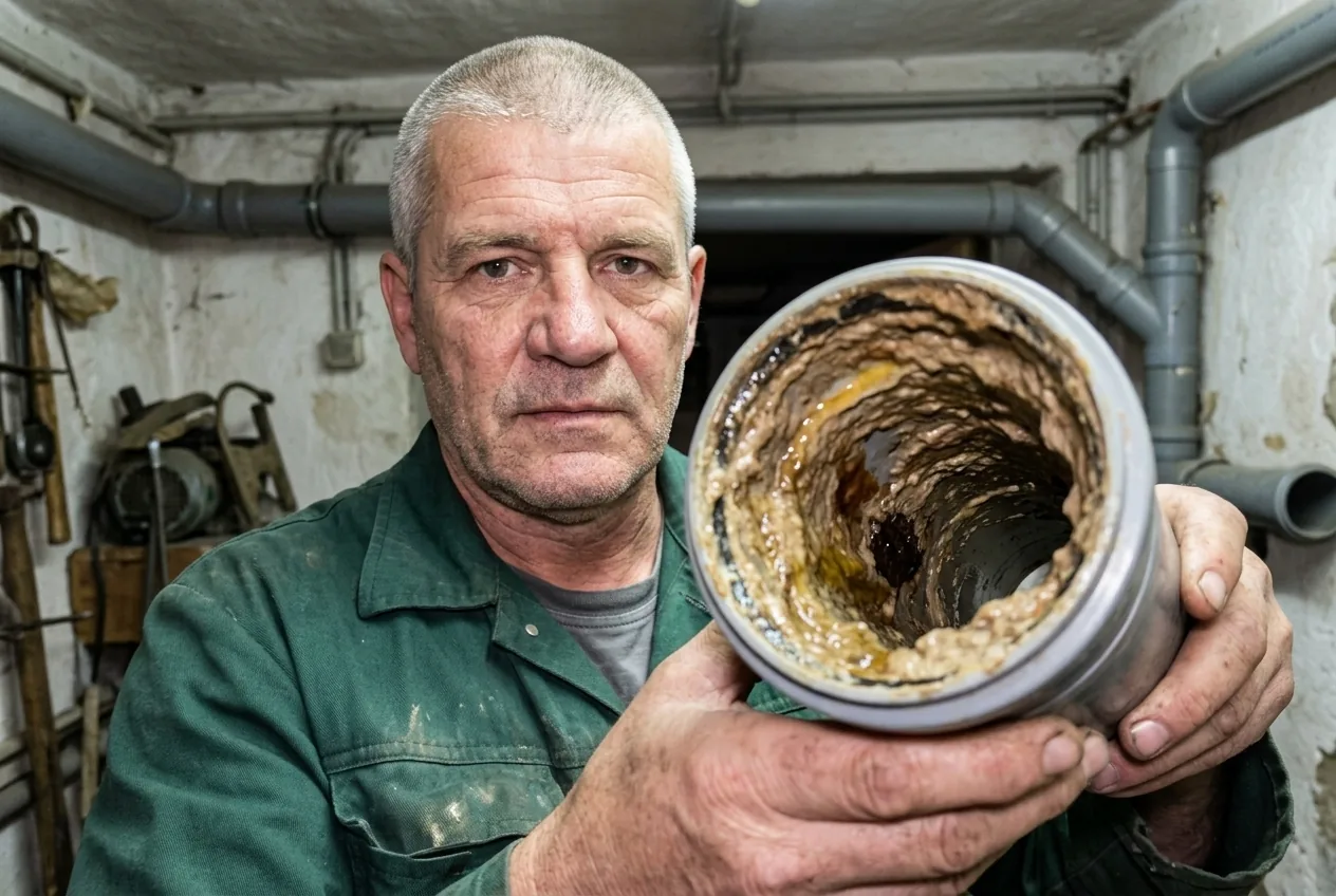 Sanitärmeister Markus Weber hält aufgesägtes Rohr in die Kamera