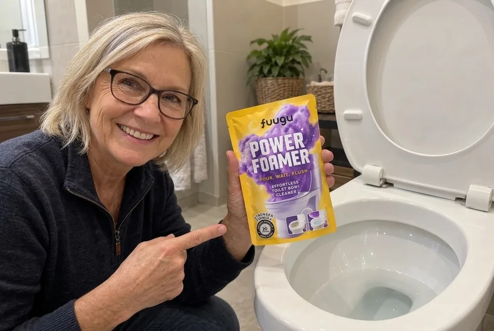 Edith D. mit Fuugu neben der Toilette